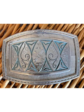 Vintage Western Belt Buckle Silver Tone Blue Enamel Cowboy Southwestern Style